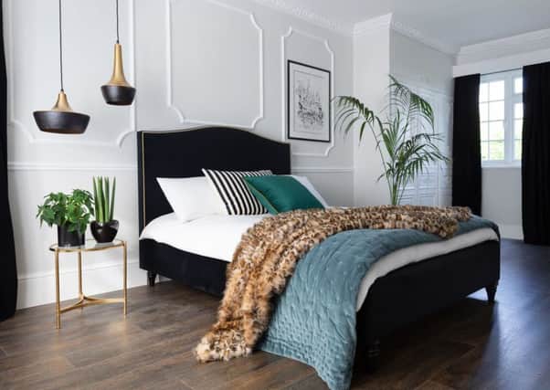 Undated Handout Photo of Soho Black Velvet Bed With Grass Gold Studs, from £995; Leopard Print Fur Throw, £99; Plushious Velvet Teal Bedspread, £360; Boutique 400 Tuxedo Bed Linen Set, Double, £99: Brass & Bronze Drum Pendant Light, £85, The French Bedroom Company. See PA Feature INTERIORS Bedroom. Picture credit should read: The French Bedroom Company/PA. WARNING: This picture must only be used to accompany PA Feature INTERIORS Bedroom. WARNING: This picture must only be used with the full product information as stated above.