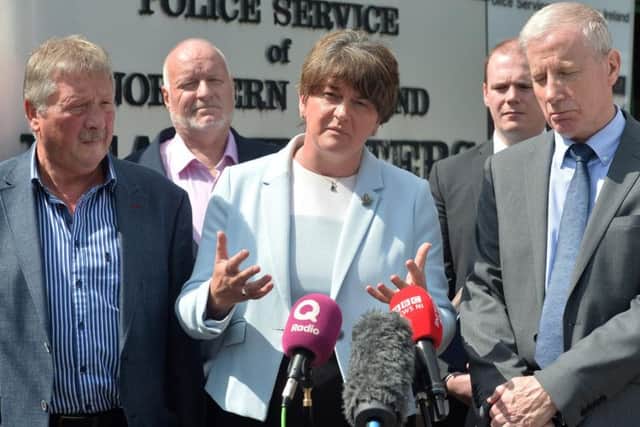 D.U.P. leader Arlene Foster (centre) pictured with Sammy Wilson M.P. (left) and Gregory Campbell M.P. (Photo: Pacemaker)