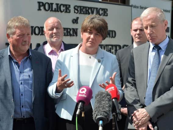 D.U.P. leader Arlene Foster (centre) pictured with Sammy Wilson M.P. (left) and Gregory Campbell M.P. (Photo: Pacemaker)