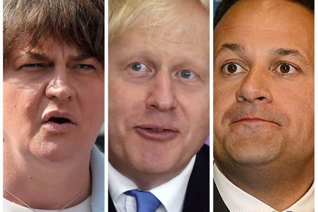 DUP leader, Arlene Foster, Prime Minister Boris Johnson and Taoiseach Leo Varadkar.