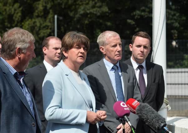 DUP Leader Arlene Foster pictured with DUP colleagues Sammy Wilson MP, Gregory Campbell MP and Gary Middleton MLA. (Photo: Pacemaker)