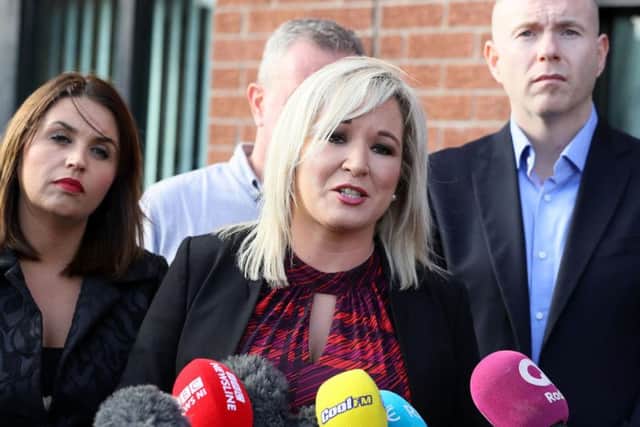 Michelle O'Neill, deputy president of Sinn Fein pictured with M.P.s Elisha McCallion and Chris Hazzard. (Photo: P.A. Wire)