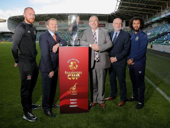 Pictured at the launch of the Unite the union Champions Cup were (from left) Dundalk's Chris Shields, Irish FA President David Martin, Unite Regional Secretary Jerry Pollock, Fran Gavin from the FAI and Linfield's Bastien Hery.