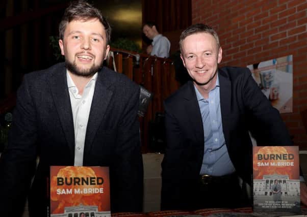 Journalist and author Sam McBride with publisher Conor Graham at the launch of 'Burned' in the Lyric Theatre. Photo: Laura Davison/Pacemaker Press