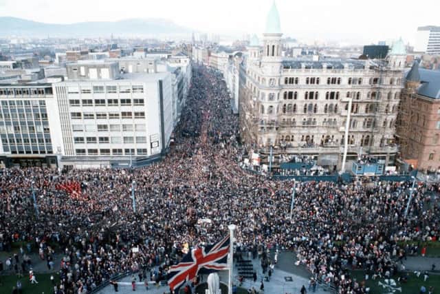 The huge rally in front of Belfast City Hall against the Anglo Irish Agreement on Saturday November 23 1985, which had been signed by Margaret Thatcher days before, in what was considered by unionists to be a complete and sudden betrayal of them by her