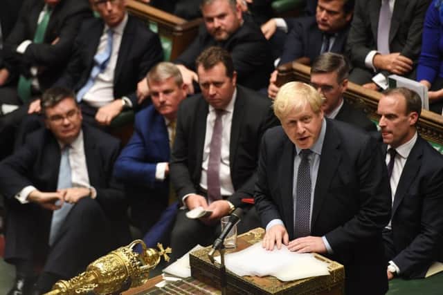 Boris Johnson in the House of Commons on Saturday in the debate on his Brexit plan. He slapped down the concerns of Mr Dodds, and even expressed regret that anyone would seek to use a veto