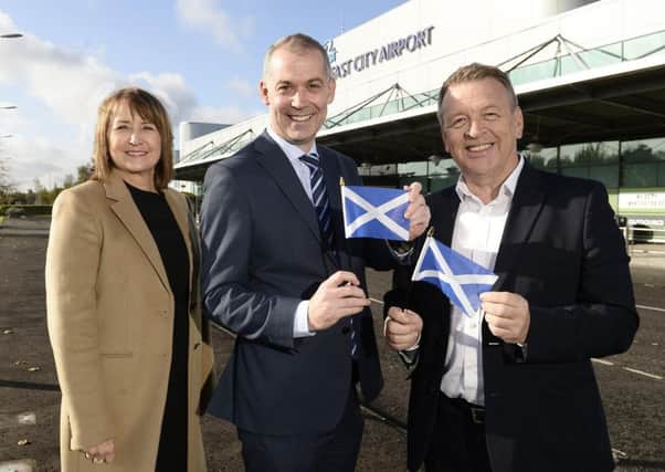 Ann McGregor (Northern Ireland Chamber of Commerce and Industry); Nigel Walsh (Ulster Bank) and Stephen Wilkinson (ASSA ABLOY), one of sixteen local companies who will take part in the upcoming trade mission to Scotland.