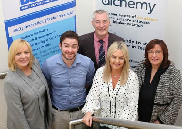 Previous Academy graduates Colin Montgomery and Rachel Gallagher with (left) Sinead Hawkins of North West Regional College, Graeme Wilkinson of DfE and Anne ONeill of Alchemy. Pic by Lorcan Doherty