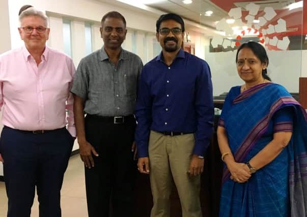 CEO James Johnston with L Ashok CEO Futurenet Technologies and board member, Madras Chamber of Commerce and Industry MCCI, Global Management Academy India Director Sri Nagesh and MCCI Secretary General K Saraswathi.during a recent visit to India.
