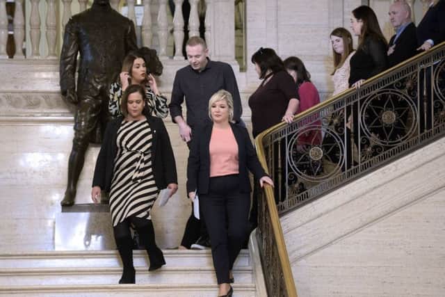 Sinn Fein leaders Michelle ONeill and Mary Lou McDonald with party colleagues at Stormont on Monday after a day when local MLAs failed in an attempt to stop laws of abortion and same sex marriage coming into place at midnight.
Photo Stephen Hamilton /Presseye