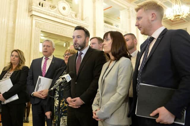 SDLP leader Colum Eastwood with party colleagues at Stormont on Monday on a day when local MLAs failed in an attempt to stop laws of abortion and same sex marriage coming into place at midnight.
Photo Stephen Hamilton /Presseye