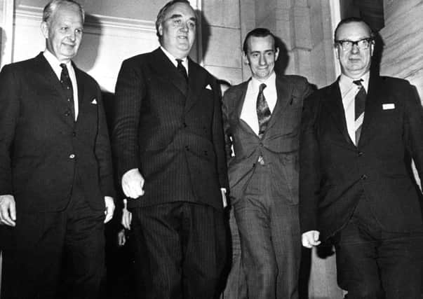 Tory minister William Whitelaw, centre left,in 1973 with political leaders who showed a different way: from left Brian Faulkner, Oliver Napier and Gerry Fitt