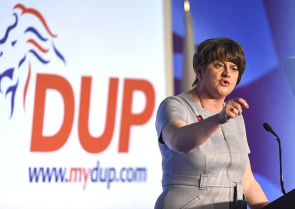 Arlene Foster, leader of the DUP speaking during the DUP annual conference at the Crown Plaza Hotel in Belfast on Saturday. Photo: Michael Cooper/PA Wire