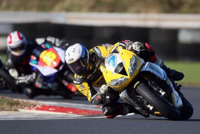 Richard Kerr won both Supersport races at the Sunflower Trophy meeting on the Campbell Motorsport Triumph.