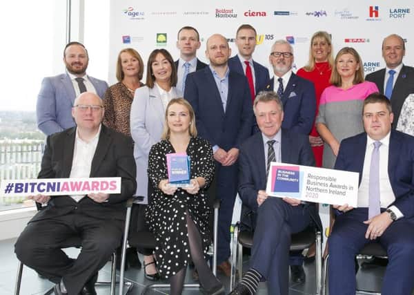 Launching the 2020 Responsible Business Awards in Northern Ireland are (back row): Simon Baillie, Digital DNA; Jacqui Corscadden, AgeNI; Keith Farren, Herons Bros; Colm McElroy, Arthur Cox; Jenni Barkley, Belfast Harbour; John Thompson, Translink and Stephen Patton, George Best Belfast City Airport. (Middle row): Jayne Duffy, Ciena; Peter Corrigan, JP Corry; Paddy Doody, SPAR; Pauline Wylie, Allen & Overy; Sally Bonnes, Larne Port. (Front row): Peter McVerry, U105; Alison Falls; Danske Bank; Kieran Harding, Business in the Community and John Mulgrew, Ulster Business
