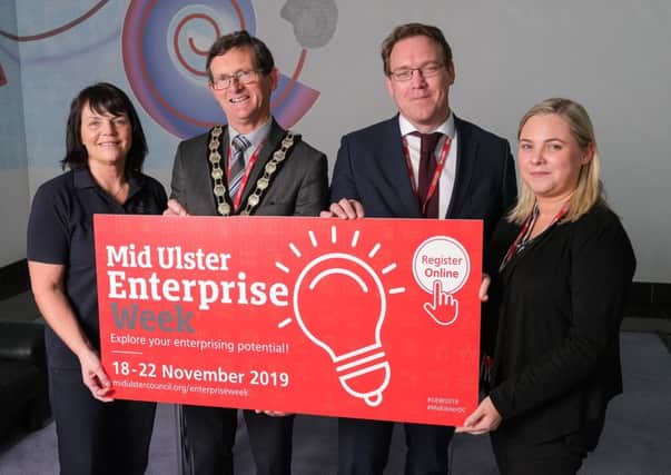 Chair of Mid Ulster District Council, Councillor Martin Kearney is pictured launching Enterprise Week with Alan McKeown, Chair of Mid Ulster Skills Forum; Liz Kearns, Emerson; and Aileen Byrne, Greiner Packaging.