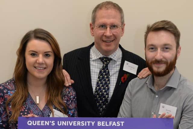 Emma McQuiggan and (right) Ben Lindsay from Stand, Gold Award winners of the Engineers in Business Competition, pictured with the President of Engineers in Business Fellowship, David Falzani MBE.  David coached the team during the Grand Final day.