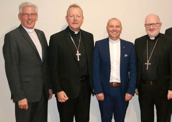 Four main church leaders from left: Methodist president Rev Sam McGuffin, Catholic archbishop Eamon Martin, Presbyterian moderator William Henry and Church of Ireland archbishop Richard Clarke. An Irish Church Leaders Group examined welfare reform and mitigation packages, and outlined their views in a striking submission to the inquiry into welfare policy