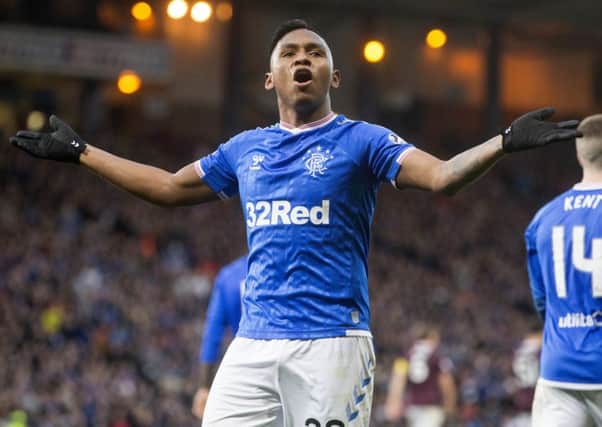 Rangers' Alfredo Morelos celebrates scoring his side's third goal against Hearts during the Betfred Cup semi-final at Hampden Park. Pic by PA.