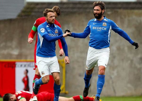 Glenavon player/manager Gary Hamilton (right) with goalscorer Andy Hall on Saturday against Cliftonville. Pic by INPHO.
