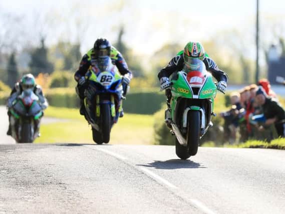 Derek McGee leads Derek Sheils and Michael Sweeney at the 2019 Tandragee 100.