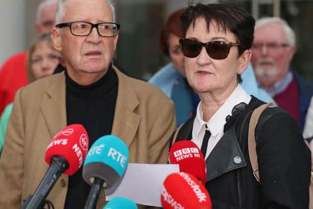 Patric and Geraldine Kriegel, the parents of schoolgirl Ana Kriegel, speak to the media outside Dublin's Central Criminal Court after two 15-year-old boys, known as Boy A and Boy B, were sentenced for her murder.