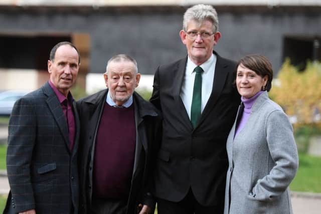 From left, Rosetta Trust chairman Gerry McCann, Conor Ryan, Survivors North West chairman Jon McCourt and Professor Patricia Lundy of Ulster University on College Green in Westminster today after the compensation bill was passed