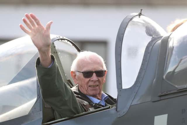 RAF veteran 85 year-old John Allinson, following a flight in a Spitfire at Solent Airport, who achieved the "ambition of a lifetime" by taking a flight in a Spitfire organised as a thank you for his "selfless" caring for his wife.