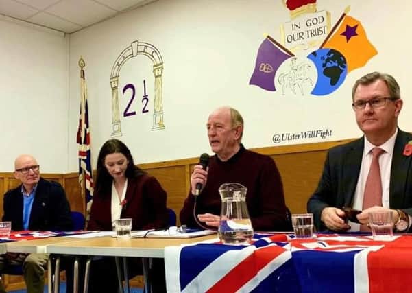 PUP leader Billy Hutchinson, DUP MP Emma Little-Pengelly, chair Bob Stoker and DUP MP Sir Jeffrey Donaldson at the election meeting in Sandy Row Orange Hall on Wednesday night.