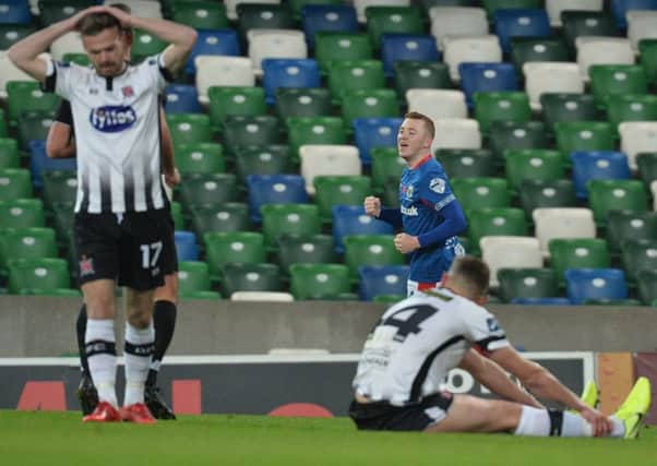Shayne Lavery following his goal against Dundalk in Linfield's 1-1 draw. Pic by Pacemaker.