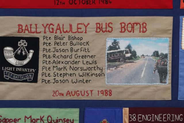 A segment of quilt remembering the 1988 IRA bus bomb in Ballygally, at a reunion organized by the South East Fermanagh Foundation (SEFF) victims advocacy group at the Silverbirch hotel in Omagh.