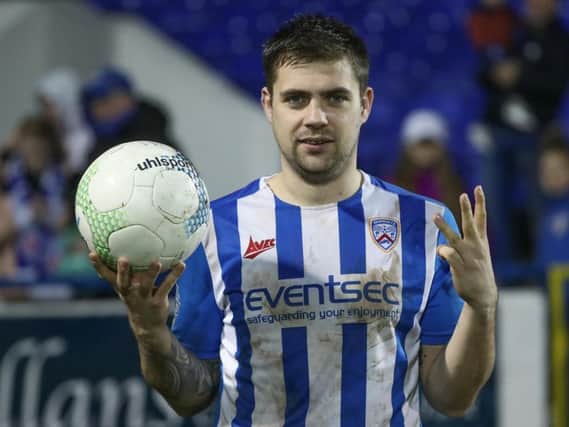 James McLaughlin with the match ball after Coleraine's 4-0 win over Glenavon
