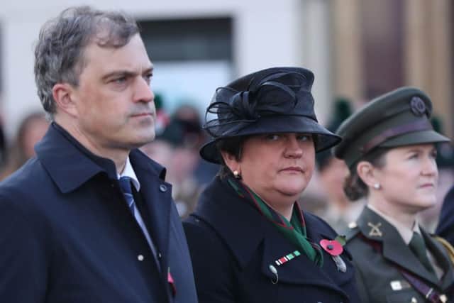 Northern Ireland Secretary Julien Smith and DUP leader Arlene Foster at a Remembrance Sunday service at the Cenotaph in Enniskillen