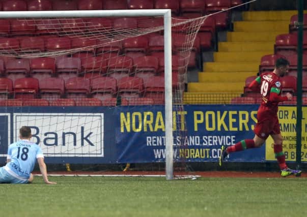 Joe Gormley following his goal to cap a slick Cliftonville team move. Pic by Pacemaker.