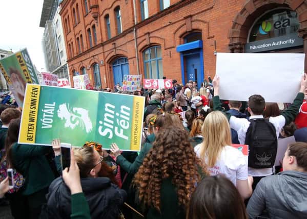 Sinn Fein members join a protest for an Irish language act in Belfast. "The demand should not, under any circumstances, be accommodated"