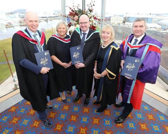 Belfast Met chair of governing body Frank Bryan, Gillian Magee, director of people, policy and planning director, founder and CEO of FinTrU Darragh McCarthy, Belfast Met principal and CEO Marie-Thérèse McGivern and director of curriculum and learner success, Dr Jonathan Heggarty MBE