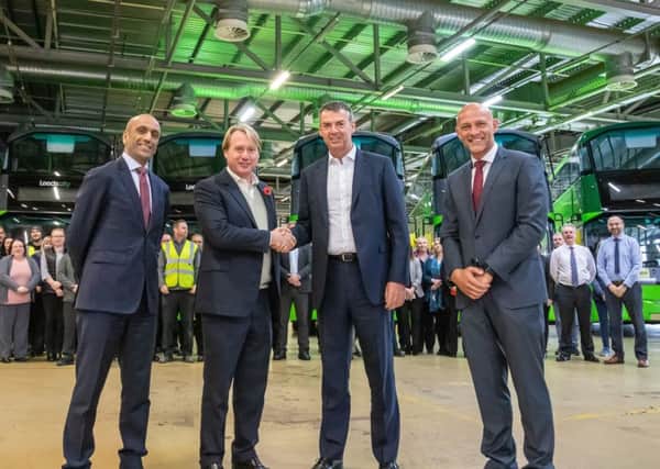 (L-R) Buta Atwal, Chief Executive at Wrightbus; Jo Bamford, Executive Chairman at Wrightbus; Jon Harman, Head of Fleet at First Group UK Bus and John McLeister, Sales and Business Development Director at Wrightbus.