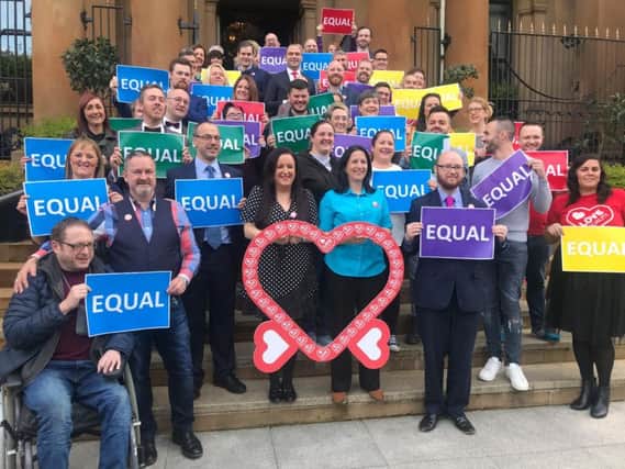 File photo dated 21/10/19 of same-sex couples and campaigners in Northern Ireland, as more campaigners are to launch legal action against alleged Government delay