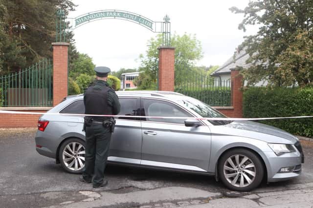 A police car outside Shandon Park Golf Club in east Belfast after the attempted murder of a PSNI officer