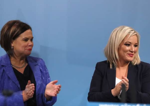 Sinn Fein President Mary Lou McDonald (left) and Michelle OÕNeill during her party's ard fheis (annual conference) at the Millenium Forum in Londonderry. Photo: Brian Lawless/PA Wire