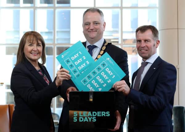 NI Chambers Ann McGregor (Chief Executive), John Healy (President) and Ian Henry (Vice-President) launch the 5 Leaders; 5 Days series.
