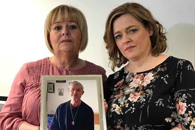 Daughters of Eugene Carr Patricia Bennett and Michelle Finnegan, make an appeal at Ladas Drive PSNI station in Belfast for fresh information, which they hope will lead to the conviction of those that killed their father in 2015