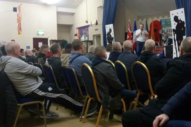 Jamie Bryson speaks at the meeting at Carleton Street Orange Hall in Portadown to protest against Boris Johnson's Brexit deal, on Wednesday November 20 2019