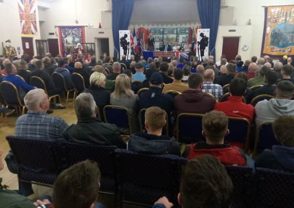 The audience at a meeting at Carleton Street Orange Hall in Portadown to protest against Boris Johnson's Brexit deal, on Wednesday November 20 2019