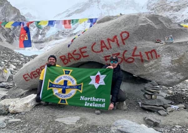 Daryl Hunter (left) and Peter Keys after reaching Everest Base Camp