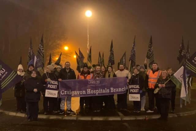 Staff at Craigavon Hospital on the picket line this morning
