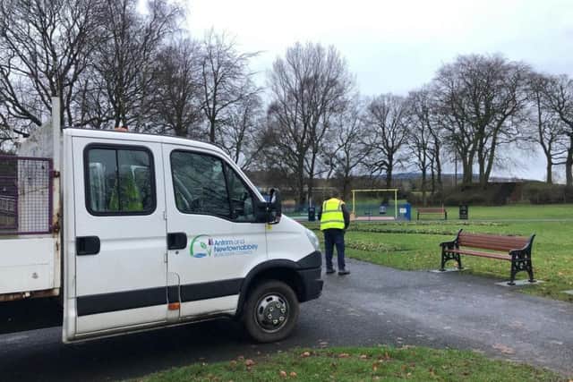 Antrim and Newtownabbey Borough Council staff cleaned the park on Sunday. Pic by Love Ballyclare.