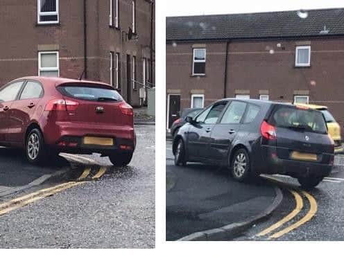 Cars parked on double yellow lines