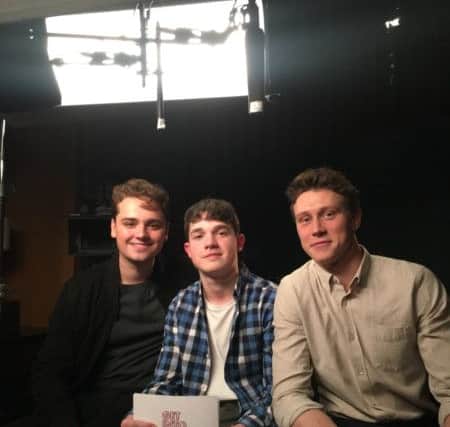 Young NI film critic Kasper Andreasen with Dean Charles Chapman (left) and George Mackay (right) the two stars of the Oscar and BAFTA nominated and Golden Globes winning war epic 1917