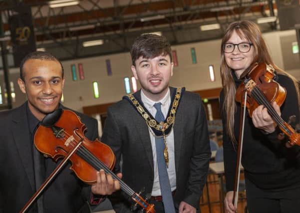 Members from the Ulster Orchestra visited the Coleraine Campus of the Ulster University today, in advance of their show at The Diamond Theatre. They were joined by local councillor and current Mayor of Causeway Coast and Glens, Sean Bateson. Pictures by Darron Mark Photography - DMfotoNI